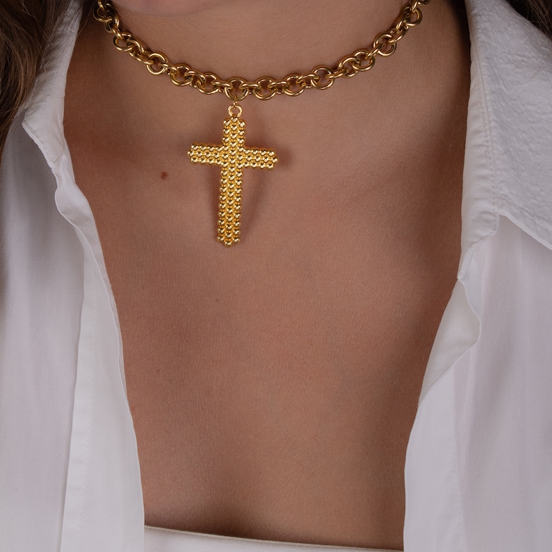 gold cross choker necklace, gold chunky chain necklace, cross jewelry, protection necklace, gift for her, big cross pendant, choker collar image 2