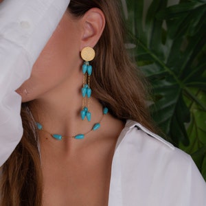 turquoise drop earrings, long dangle stud earrings, gold xl summer earrings, non tarnish boho earrings, handmade jewelry, gold chain earring image 4