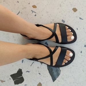 black leather sandals, handmade women&#39;s summer shoes, 100% genuine Greek leather, X sandals women, Criss Cross sandals, flat shoes women