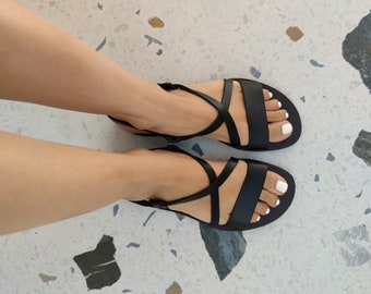 black leather sandals, handmade women's summer shoes, 100% genuine Greek leather, X sandals women, Criss Cross sandals, flat shoes women