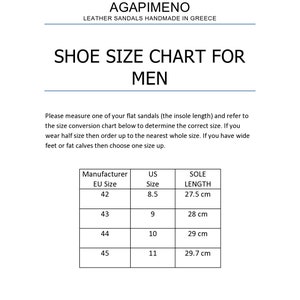 May include: Shoe size conversion chart for men's sandals. The chart shows the corresponding US size, EU size, and sole length in centimetres.