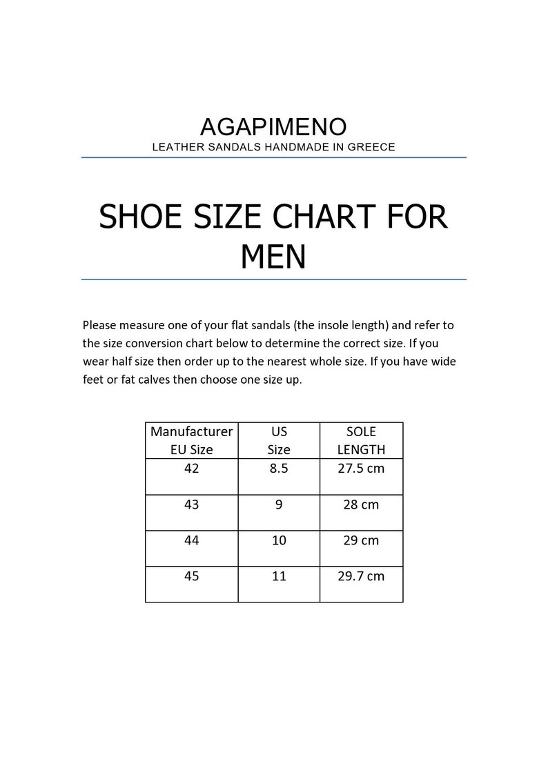 May include: Shoe size conversion chart for men's sandals. The chart shows the corresponding US size, EU size, and sole length in centimetres.