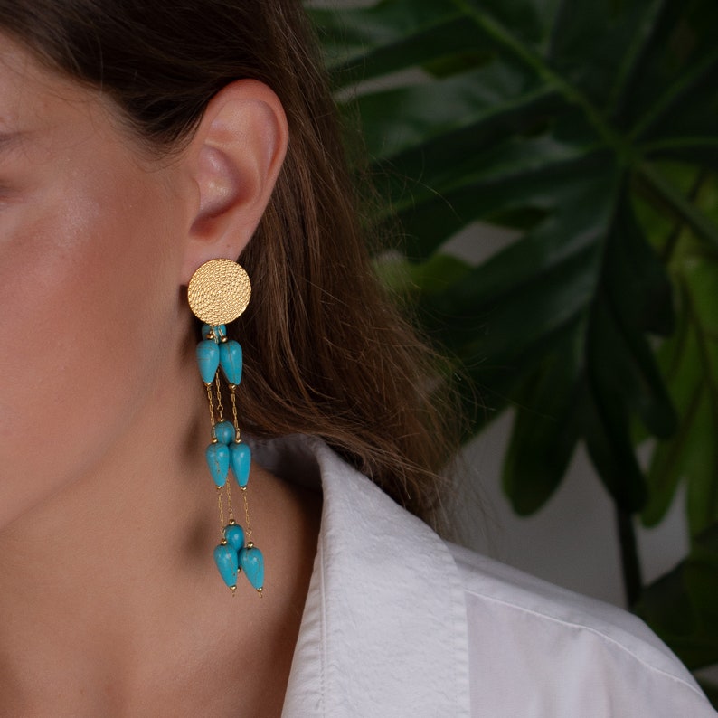 turquoise drop earrings, long dangle stud earrings, gold xl summer earrings, non tarnish boho earrings, handmade jewelry, gold chain earring image 2