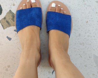 suede leather sandals, slip-on slide sandals, blue leather flats, 100% Suede Greek Leather, gift for her, blue summer shoes, handmade shoes