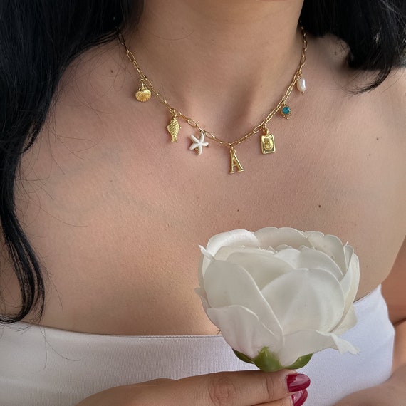 Gold Charm Necklace, Custom Charm Necklace, Gold Vintage