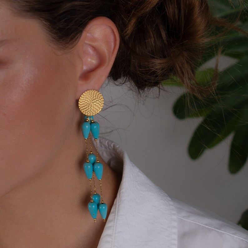 turquoise drop earrings, long dangle stud earrings, gold xl summer earrings, non tarnish boho earrings, handmade jewelry, gold chain earring image 3