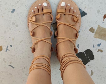 Gladiator women sandals, Ancient Greek sandals,  handmade lace up sandals, toe ring flat summer shoes, tie-up natural color vacation sandals