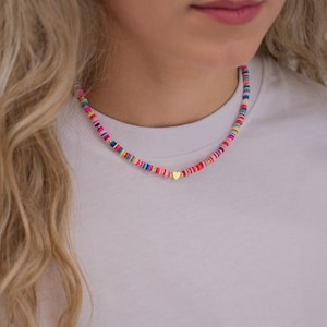 colorful necklace, gold heart necklace, beaded necklace, handmade choker beads, summer necklace, simple boho necklace, everyday jewelry