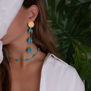 turquoise drop earrings, long dangle stud earrings, gold xl summer earrings, non tarnish boho earrings, handmade jewelry, gold chain earring image 7