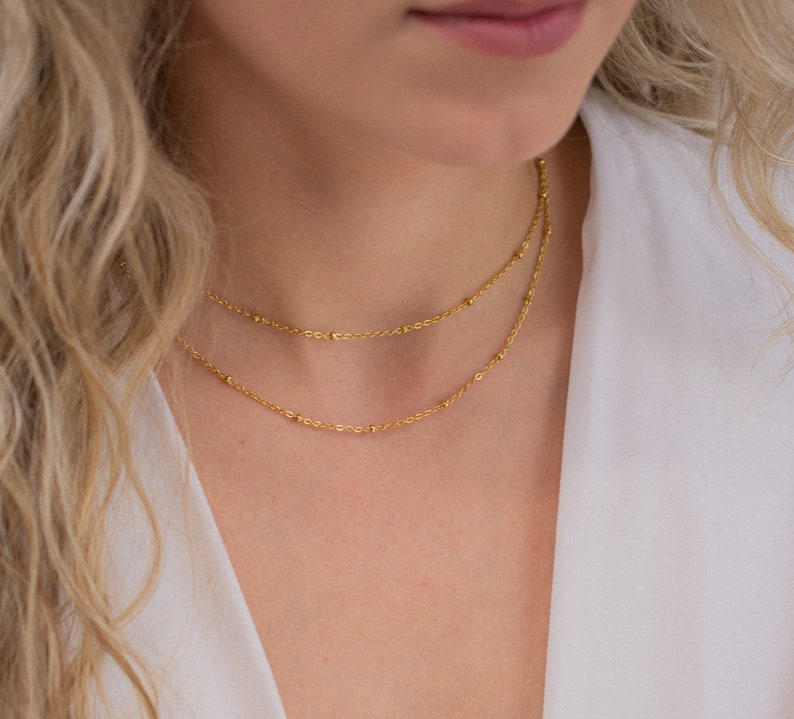 layered necklace gold, double beaded chain necklace, stainless steel necklace, gold chain necklace, minimalist necklace, gold chain choker image 3