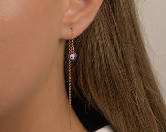 gold threader earrings, evil eye earrings, chain earrings, edgy earrings, threader earrings, dangle drop earrings, non tarnish gold earrings