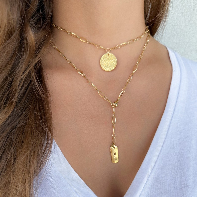 gold choker with a big coin, necklace, gold chain necklace set, large coin charm choker, Y lariat necklace, layering necklace, gift for her image 1