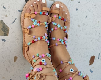 Gladiatorsandaler, grekiska lädersandaler, damsandaler med snörning, platta semesterskor, sandaler med knytband, handgjorda strandskor, öskor