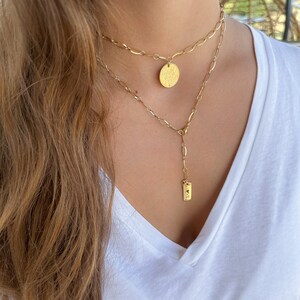 gold choker with a big coin, necklace, gold chain necklace set, large coin charm choker, Y lariat necklace, layering necklace, gift for her imagem 5