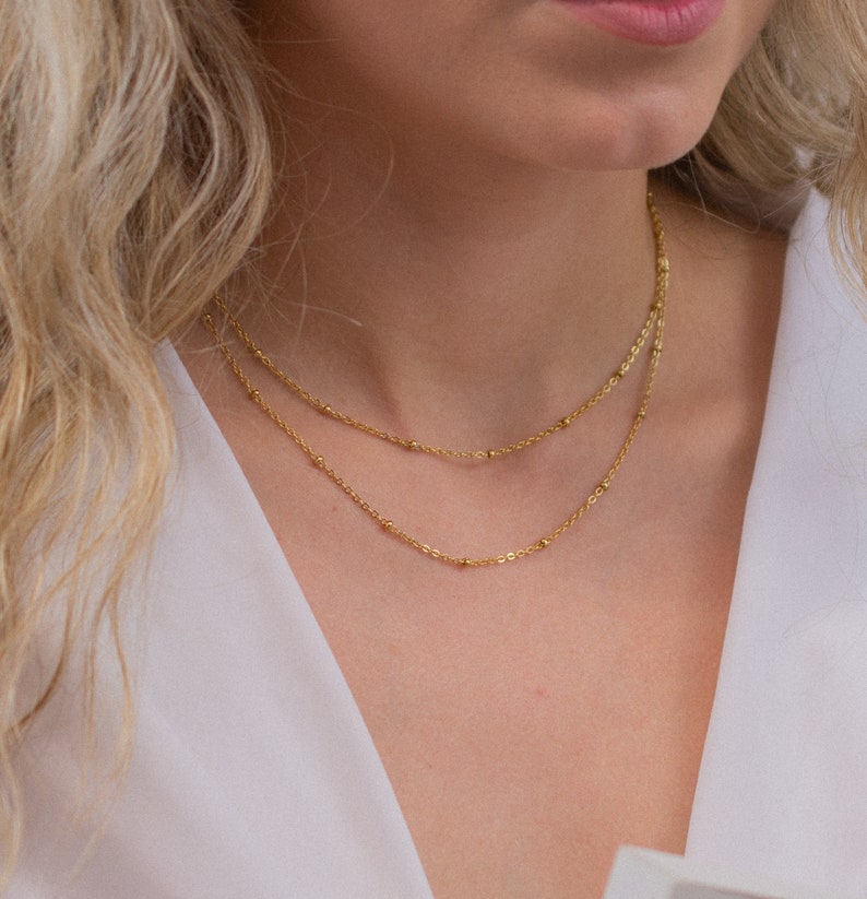 layered necklace gold, double beaded chain necklace, stainless steel necklace, gold chain necklace, minimalist necklace, gold chain choker image 2