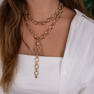 gold chunky chain choker necklace, layering necklace, thick gold oval big chain, oversized waterproof necklace, y lariat necklace statement