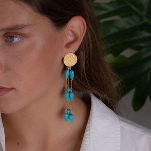 turquoise drop earrings, long dangle stud earrings, gold xl summer earrings, non tarnish boho earrings, handmade jewelry, gold chain earring image 8