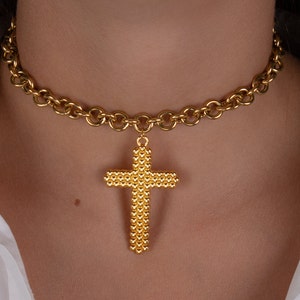 gold cross choker necklace, gold chunky chain necklace, cross jewelry, protection necklace, gift for her, big cross pendant, choker collar image 6