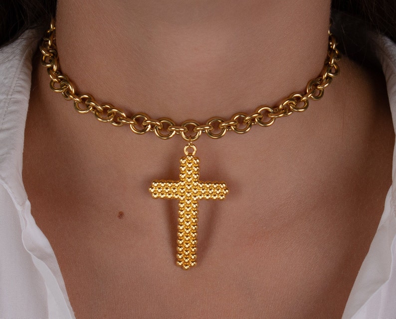 gold cross choker necklace, gold chunky chain necklace, cross jewelry, protection necklace, gift for her, big cross pendant, choker collar image 6