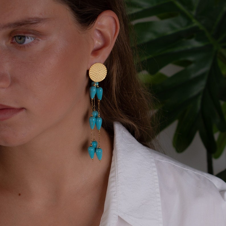 turquoise earrings, gold chain earrings with turquoise stones, women long earrings gold