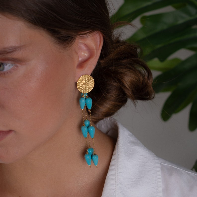 turquoise drop earrings, long dangle stud earrings, gold xl summer earrings, non tarnish boho earrings, handmade jewelry, gold chain earring image 6