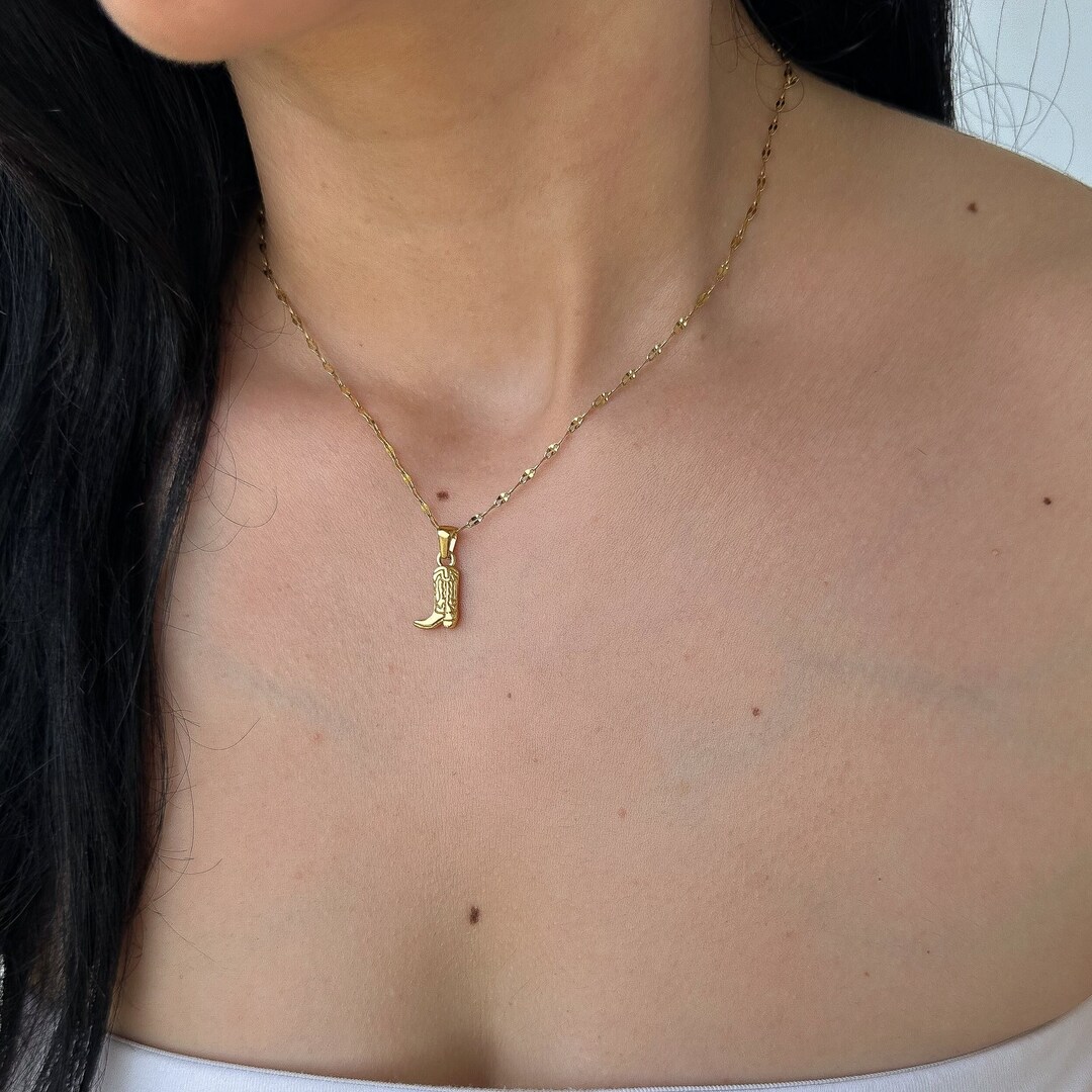 Small Gold Cowboy Boot Charm Necklace, Western Turquoise Beaded