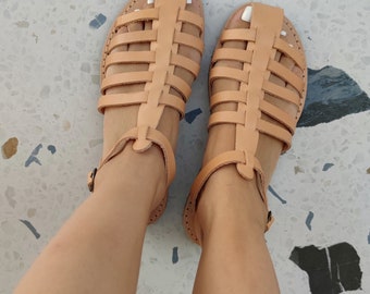 sandalias planas de cuero para mujer, sandalias de punta cerrada, zapatos de mujer hechos a mano vintage, zapatos de verano de cuero griego, sandalia gladiadora, regalo para ella