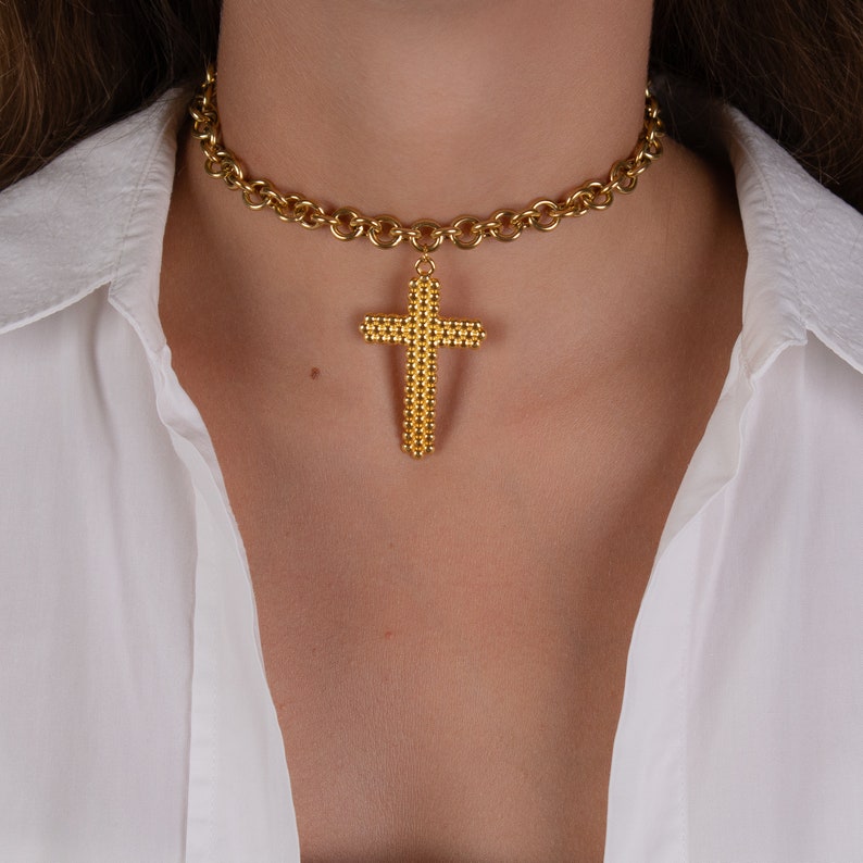 gold cross choker necklace, gold chunky chain necklace, cross jewelry, protection necklace, gift for her, big cross pendant, choker collar image 1