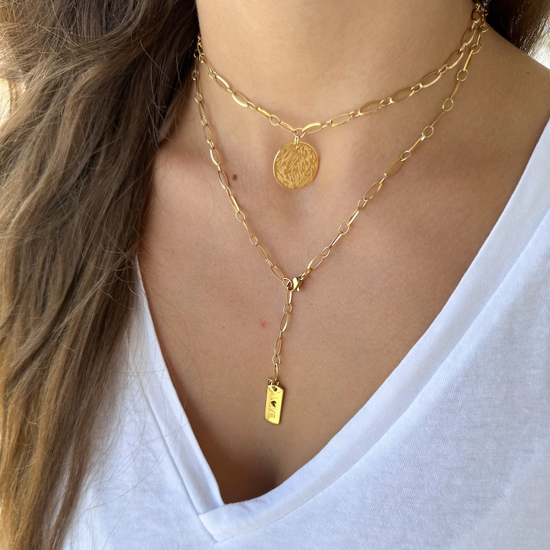 gold choker with a big coin, necklace, gold chain necklace set, large coin charm choker, Y lariat necklace, layering necklace, gift for her image 2
