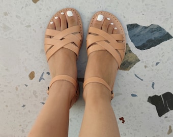 Summer shoes for women, handmade flat sandals, gift for her, vacation everyday shoe, natural brown comfortable sandals, Greek leather sandal