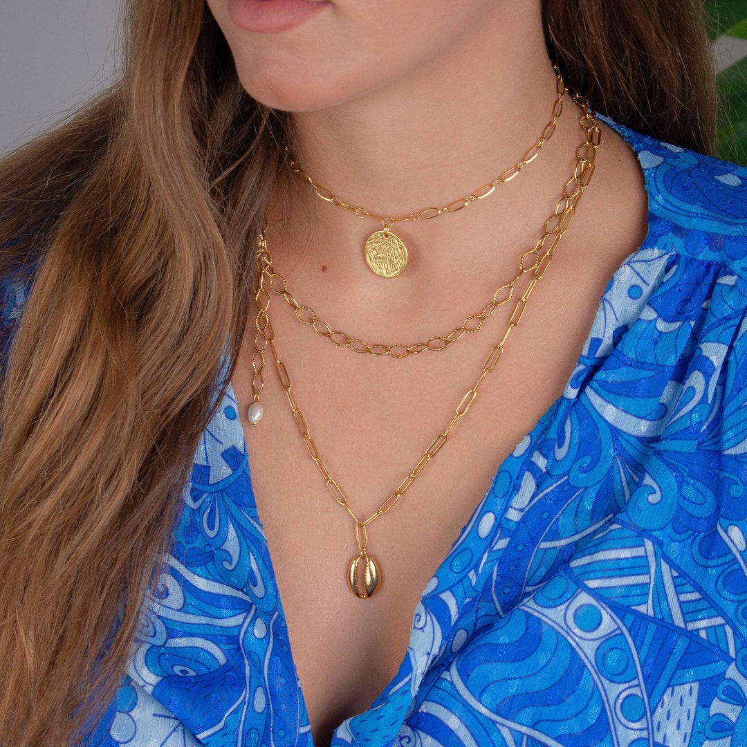 Gold Layered Necklace Set, 18k Gold Necklace, Dainty Gold Necklace, Disc Necklace, Choker With a
