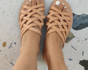Greek leather slide sandals, women's summer shoes, everyday flat sandals, leather slippers, gift for her, slip on sandals, made in Greece