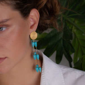 turquoise drop earrings, long dangle stud earrings, gold xl summer earrings, non tarnish boho earrings, handmade jewelry, gold chain earring image 5