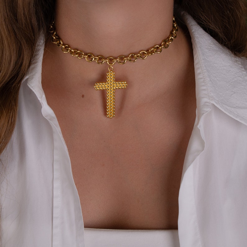 gold cross choker necklace, gold chunky chain necklace, cross jewelry, protection necklace, gift for her, big cross pendant, choker collar image 5