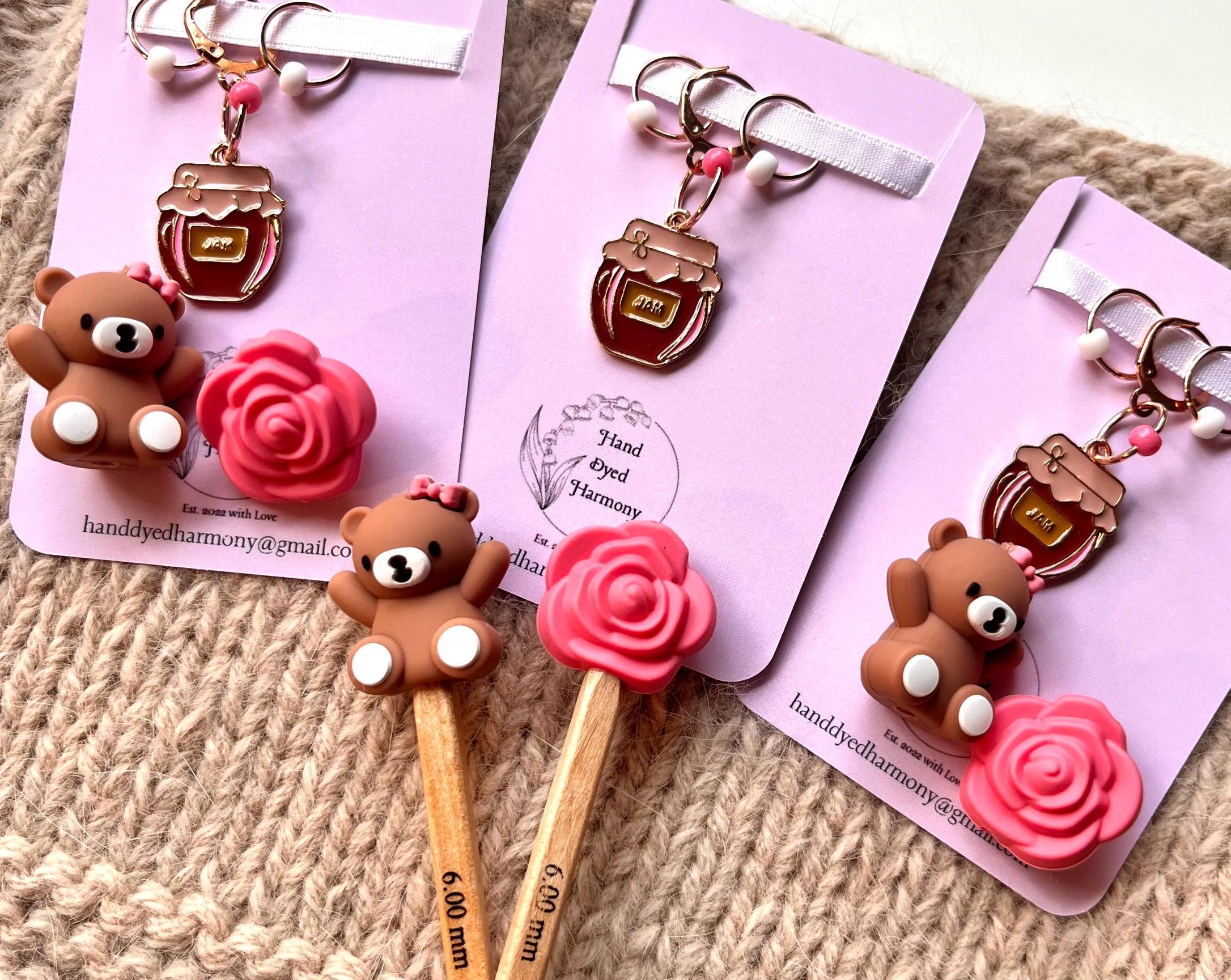 Cute Knitting Notions | Stitch holders Adorable  | Teddy Bear + Rose Needle Stoppers & Jam Jar Stitch Marker Set |