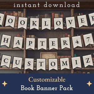 Book Custom Banner Pack, Vintage Book Page, Book Lover, Digital Banner, DIY Party Decoration, Bunting, Garland, Reader gift, bookish