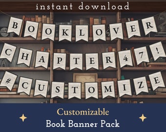 Book Custom Banner Pack, Vintage Book Page, Book Lover, Digital Banner, DIY Party Decoration, Bunting, Garland, Reader gift, bookish