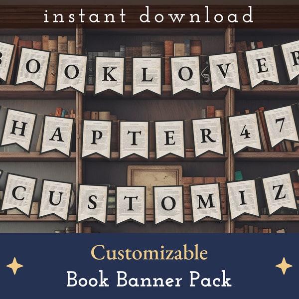 Book Custom Banner Pack, Vintage Book Page, Book Lover, Digital Banner, DIY Party Decoration, Bunting, Garland, Reader gift, bookish