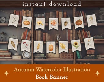 Autumn Watercolor Illustration Book Banner, Thanksgiving, Vintage Page, Lover, Digital, DIY Party Decoration, Bunting, Garland, Fall Decor