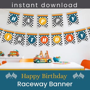 May include: A black and white checkered banner with the words "Happy Birthday" and "Raceway Banner" in yellow. The banner is decorated with red, yellow, and blue circles and has the letters "Happy Birthday" spelled out.