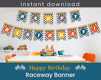 Op de afbeelding: Een zwart-wit geblokt spandoek met de woorden "Happy Birthday" en "Raceway Banner" in geel. Het spandoek is versierd met rode, gele en blauwe cirkels en heeft de letters "Happy Birthday" gespeld.