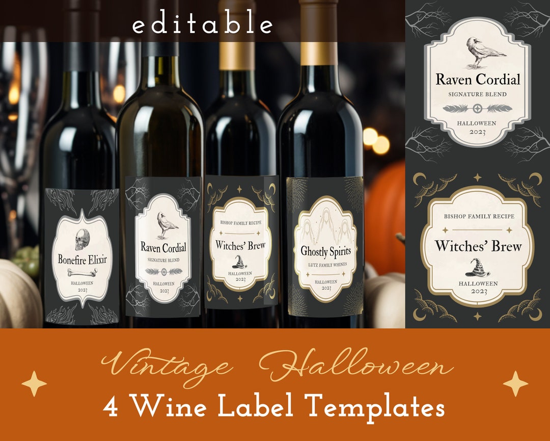 Vintage Halloween Wine Label 2024 Templates, Printable Halloween, Food ...