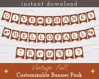 Vintage Fall Customizable Banner Pack, Autumn Banner Printable, Fall Banner, Digital Banner, Fall Decor, DIY Party Decoration, Thanksgiving