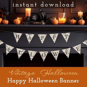 Happy Halloween Vintage Banner, Printable Halloween, Halloween Decor, DIY Halloween, Digital Banner, Party Decorations, Instant Download