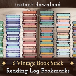 Puede incluir: Imagen de seis pilas de marcadores con forma de libros vintage en varios colores, incluyendo verde, azul, rosa y naranja. El texto "instant download" está en la parte superior y "6 Vintage Book Stack Reading Log Bookmarks" en la parte inferior.