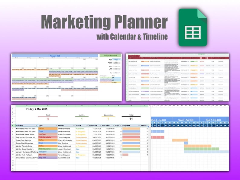 Marketing or Event Planner in Google Sheets showing overview of included sheets