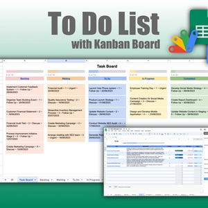 Modello di Google Fogli con elenco delle cose da fare con bacheca Kanban / Foglio di calcolo per il monitoraggio automatico di attività e progetti con Google Docs e Analytics