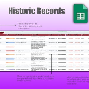 Marketing or Event Planner in Google Sheets showing the Planner sheet for Archived events