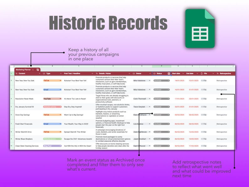 Marketing or Event Planner in Google Sheets showing the Planner sheet for Archived events
