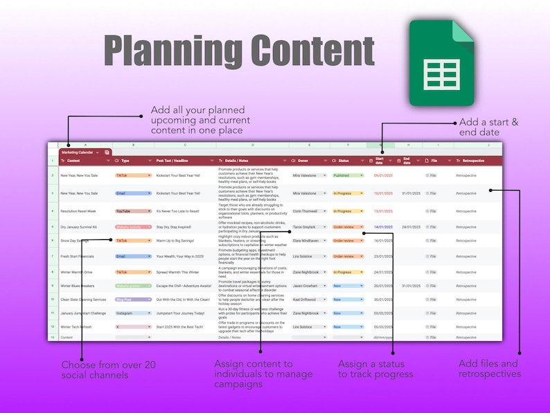 Marketing or Event Planner in Google Sheets showing the Planner sheet